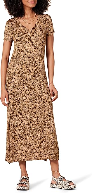 Women's Stretchy Jersey V-Neck Short Sleeve Midi Length Dress